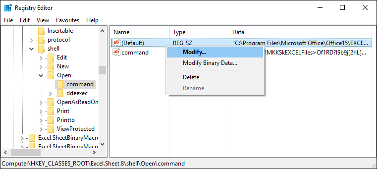 修改 Excel.Sheet.8\shell\Open\command 內的 (Default)